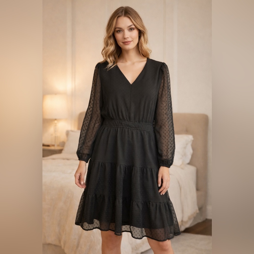 LOFT Black Swiss Dot Sheer Dress Size 14 Long Sleeve V-Neck Tiered Ruffle Hem